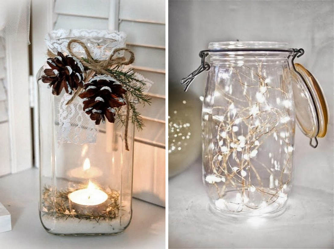 Barattoli di vetro con candele - decorazioni di Natale fai da te