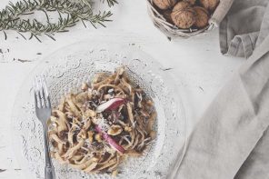 scialatielli pasta with walnut sauce and red chicory