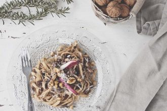 scialatielli pasta with walnut sauce and red chicory